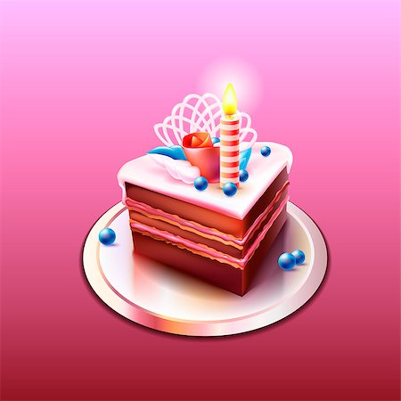 Delicious and a beautiful chocolate cake with a candle. Happy Birthday! Cake decorated with rose petals and blueberries. Vector. Stock Photo - Budget Royalty-Free & Subscription, Code: 400-07953110