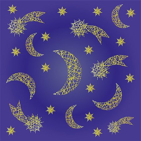 vector blue night festive pattern background with irregular yellow sketchy comet, moon and star - childish card cover Photographie de stock - Aubaine LD & Abonnement, Code: 400-07953206