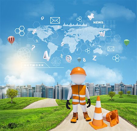 simsearch:400-07919003,k - Three-dimensional man dressed as road worker standing on road running through green hills. City of tall buildings in background. World map and other virtual items in sky. Business concept. Stock Photo - Budget Royalty-Free & Subscription, Code: 400-07953443