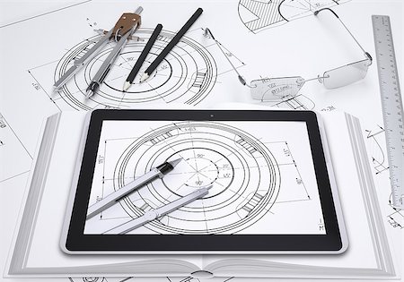 Tablet pc, drawing compasses, pencil, glasses and ruler placed on spead technical drawing. Screen of pc shows part of same drawing. Stock Photo - Budget Royalty-Free & Subscription, Code: 400-07953454