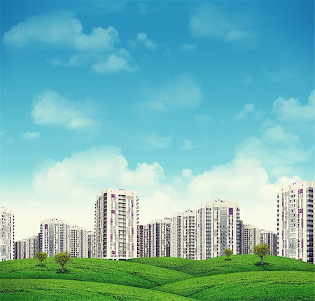 simsearch:400-07919003,k - High-rise buildings of same design over grassy hills with a few trees. Stock Photo - Budget Royalty-Free & Subscription, Code: 400-07953459