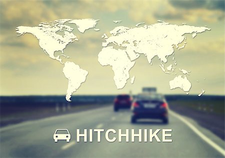 Contoured map of world continents with inscription Hitchhike and related symbol. Blurred panorama of highway as backdrop. Stock Photo - Budget Royalty-Free & Subscription, Code: 400-07953493