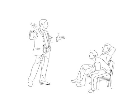 Doodle Sketch two men sit on chairs and listen to the speaker. And a speaker to the audience with a speech harvested. Speaker says it and gesticulating. Stock Photo - Budget Royalty-Free & Subscription, Code: 400-07953650