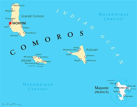 simsearch:400-07953882,k - Political Map of Comoros with capital Moroni, important cities and the islands Grande Comore, Moheli and Anjouan. With the archipelago Mayotte, an oversea department of France. English labeling and scaling.  JPEG and Illustrator 8 EPS. Text converted to paths and no fonts are required. Vector version can be scaled to any size without loss of quality. Stock Photo - Budget Royalty-Free & Subscription, Code: 400-07953875