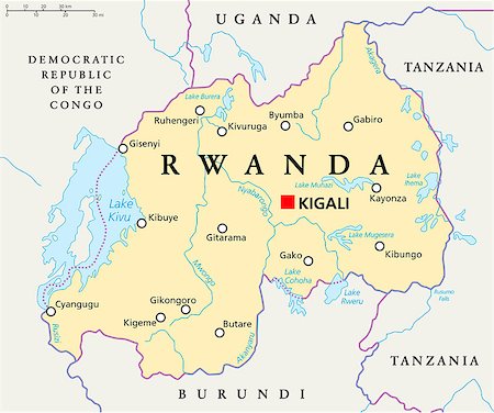 Rwanda Political Map with capital Kigali, national borders, important cities, rivers and lakes. English labeling and scaling.  JPEG and Illustrator 8 EPS. Text converted to paths and no fonts are required. Vector version can be scaled to any size without loss of quality. Foto de stock - Super Valor sin royalties y Suscripción, Código: 400-07953876