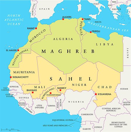 Maghreb and Sahel Political Map with capitals and national borders. English labeling and scaling.  JPEG and Illustrator 10 EPS. Text converted to paths and no fonts are required. Vector version can be scaled to any size without loss of quality. Foto de stock - Super Valor sin royalties y Suscripción, Código: 400-07953873