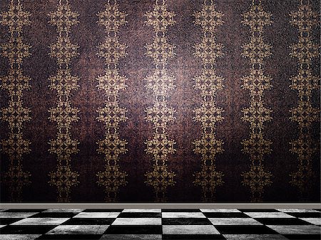 Illustration of background in with pattern wallpaper and checkered tile floor. Stock Photo - Budget Royalty-Free & Subscription, Code: 400-07974746