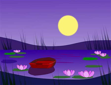 flowers in moonlight - A small red boat moored in a lily pond,   in a moonlit night. Photographie de stock - Aubaine LD & Abonnement, Code: 400-07974906