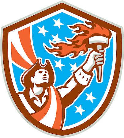 simsearch:400-07116843,k - Illustration of an American Patriot holding a flaming torch looking up set inside shield crest with USA stars and stripes flag in the background done in retro style. Foto de stock - Super Valor sin royalties y Suscripción, Código: 400-07976136