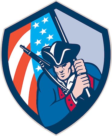 simsearch:400-07116843,k - Illustration of an american patriot with rifle brandishing holding american flag set inside crest shield done in retro style. Foto de stock - Super Valor sin royalties y Suscripción, Código: 400-07976137