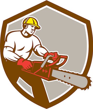 simsearch:400-08574574,k - Illustration of lumberjack arborist tree surgeon holding a chainsaw set inside shield crest on isolated background done in retro style. Stock Photo - Budget Royalty-Free & Subscription, Code: 400-07976141