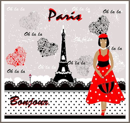 Vector Postcard with France Image. Frenchwoman and Eiffel Tower Stock Photo - Budget Royalty-Free & Subscription, Code: 400-07976255