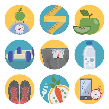simsearch:400-07754604,k - Fitness. Flat icons set of fitness dieting and healthcare healthy food. Stock Photo - Budget Royalty-Free & Subscription, Code: 400-07976328