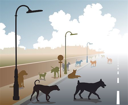 feral - Editable vector illustration of a motley group of stray dogs on a lonely road Stock Photo - Budget Royalty-Free & Subscription, Code: 400-07976353