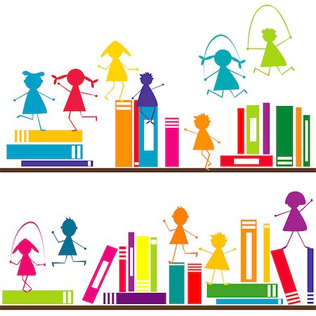 simsearch:400-07052458,k - Cartoon children playing on book shelves Photographie de stock - Aubaine LD & Abonnement, Code: 400-07976434
