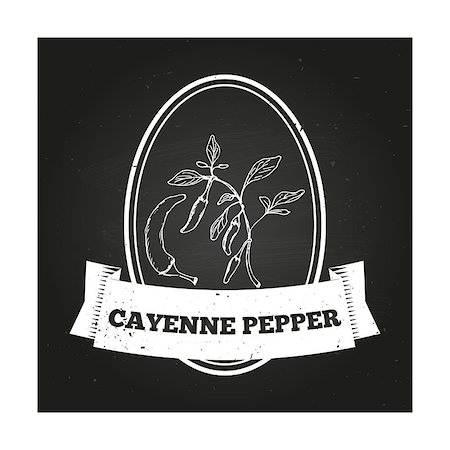 poivre de cayenne - Health and Nature Collection. Badge template with a herb on chalkboard background. Cayenne pepper Photographie de stock - Aubaine LD & Abonnement, Code: 400-07976491