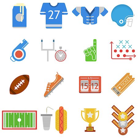 Set of colored vector icons for equipment and some elements for blue team of American football on white background. Foto de stock - Super Valor sin royalties y Suscripción, Código: 400-07976642