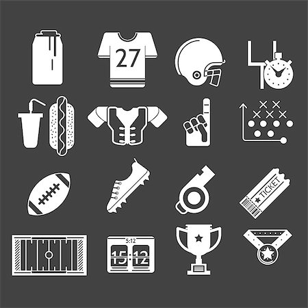 simsearch:400-06083555,k - Set of white silhouette vector icons for equipment and some elements of American football on black background. Stockbilder - Microstock & Abonnement, Bildnummer: 400-07976643