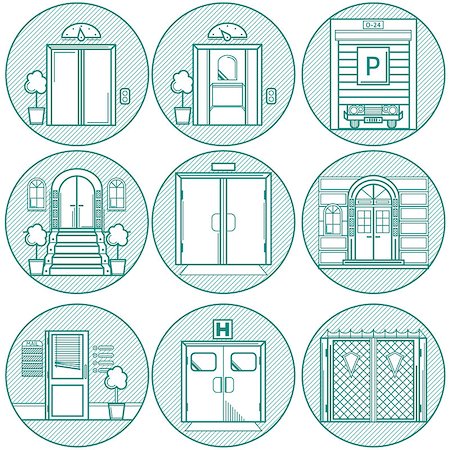 front door closed inside - Monochrome flat line round icons vector collection of different types entrance doors on white background. Stock Photo - Budget Royalty-Free & Subscription, Code: 400-07976849