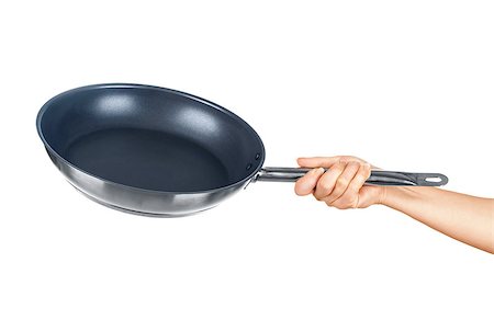 hand holding a frying pan on an isolated white background Stock Photo - Budget Royalty-Free & Subscription, Code: 400-07977234