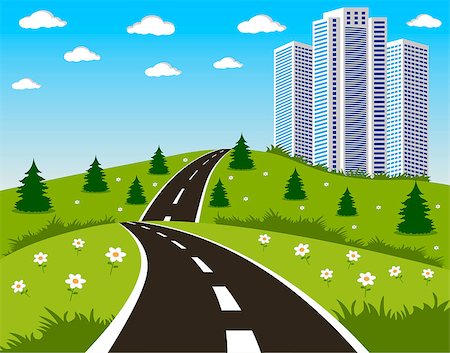 simsearch:400-08050307,k - Cartoon illustration of a road to a city Stockbilder - Microstock & Abonnement, Bildnummer: 400-07978251