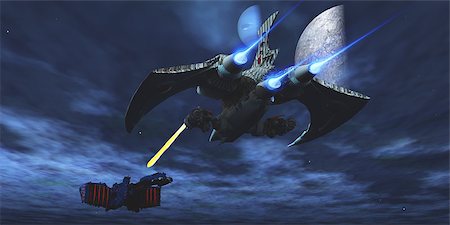 A lighter and more maneuverable spaceship blasts a laser beam toward a enemy battleship. Stock Photo - Budget Royalty-Free & Subscription, Code: 400-07978550