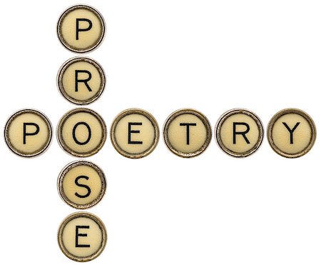 poetry and prose crossword in old round typewriter keys isolated on white Stock Photo - Budget Royalty-Free & Subscription, Code: 400-07978567