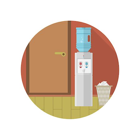 simsearch:400-08193402,k - Gray water cooler and paper trash can near the door in room with brown wall. Colored round flat vector icon with long shadow for office. Stock Photo - Budget Royalty-Free & Subscription, Code: 400-07978952