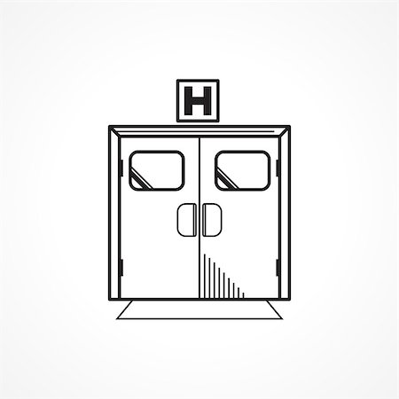 Entrance doors for hospital with letter H above. Black flat line design vector icon on white background. Fotografie stock - Microstock e Abbonamento, Codice: 400-07978972