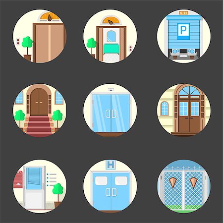 front door closed inside - Set of colored round flat vector icons for doors in different places on black background. Foto de stock - Super Valor sin royalties y Suscripción, Código: 400-07978980