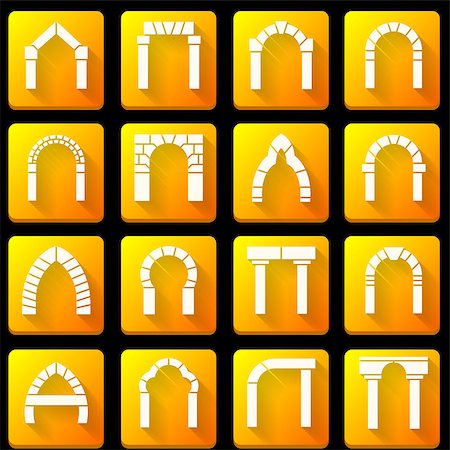 Set of square orange vector icons with white silhouette brick arch different types with shadow on black background. Stock Photo - Budget Royalty-Free & Subscription, Code: 400-07978993