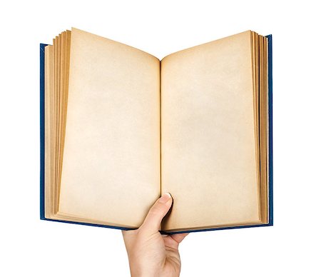 hand holding an open book in an empty vintage blue cover on a white background Photographie de stock - Aubaine LD & Abonnement, Code: 400-07971624