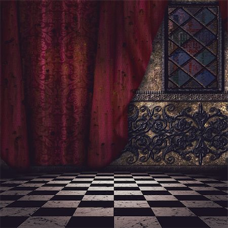 Gothic room interior with checkered floor and red curtain. Foto de stock - Super Valor sin royalties y Suscripción, Código: 400-07972847