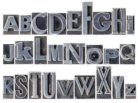 English alphabet - a collage of 26 isolated letters in letterpress metal type printing blocks, a variety of mixed fonts Stock Photo - Budget Royalty-Free & Subscription, Code: 400-07973056