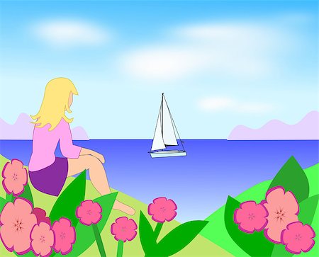 seascape drawing - A girl sitting and looking over the ocean, and a lot of flowers in the foreground. Stock Photo - Budget Royalty-Free & Subscription, Code: 400-07973667