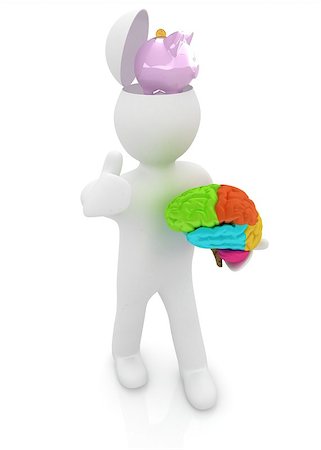simsearch:400-07984242,k - 3d people - man with half head, brain and trumb up. Saving concept with piggy bank Stock Photo - Budget Royalty-Free & Subscription, Code: 400-07984249
