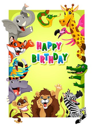 simsearch:400-04392655,k - Happy Birthday card with Jungle animals. Cartoon vector illustration with frame in A4 proportions. Foto de stock - Super Valor sin royalties y Suscripción, Código: 400-07984395
