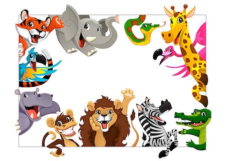 simsearch:400-04392655,k - Funny group of Jungle animals. Cartoon vector illustration with frame in A4 size, for birthdays and events. Foto de stock - Super Valor sin royalties y Suscripción, Código: 400-07984396