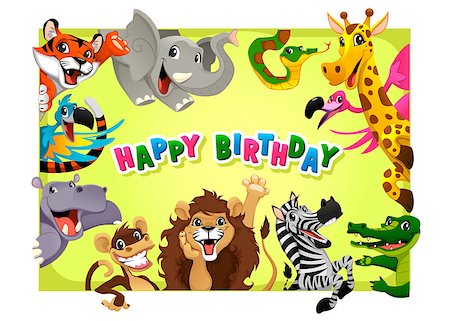 simsearch:400-04392655,k - Happy Birthday card with Jungle animals. Cartoon vector illustration with frame in A4 proportions. Foto de stock - Super Valor sin royalties y Suscripción, Código: 400-07984402