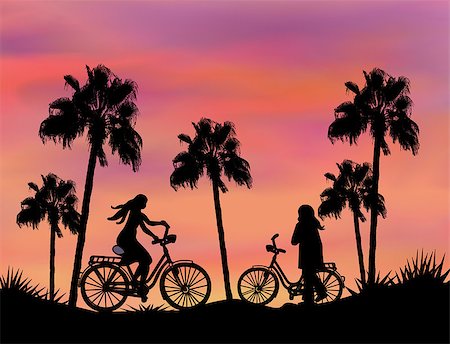 simsearch:400-07975760,k - Tall palm trees and bikers at sunset. Fotografie stock - Microstock e Abbonamento, Codice: 400-07984595