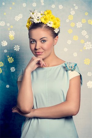 simsearch:400-07986693,k - Romantic, beautiful, fresh blonde woman with sprung stylisation and wreath of flowers on her head. Stock Photo - Budget Royalty-Free & Subscription, Code: 400-07984612