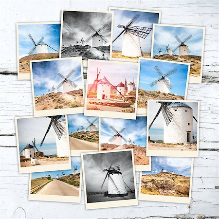 simsearch:400-04066912,k - collage windmills of don quixote in cervantes consuegra castile-la mancha  spain  europe on wooden table Stock Photo - Budget Royalty-Free & Subscription, Code: 400-07985559