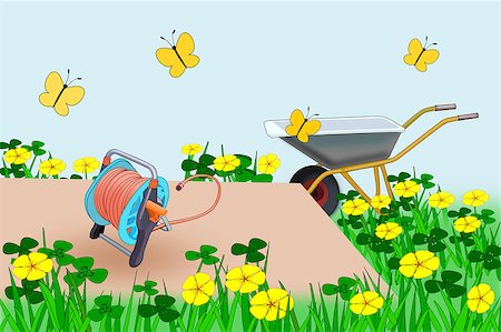 simsearch:400-07975760,k - A garden hose and wheelbarrow, green grass, yellow flowers and butterflies. Fotografie stock - Microstock e Abbonamento, Codice: 400-07985830