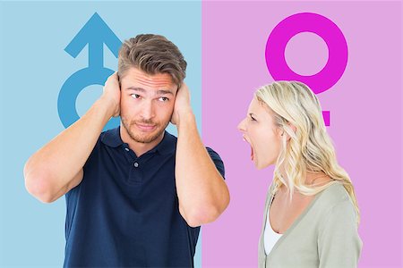 Man not listening to his shouting girlfriend against pink and blue Stock Photo - Budget Royalty-Free & Subscription, Code: 400-07986158