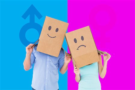 Couple wearing sad face boxes on their heads against female gender symbol Stock Photo - Budget Royalty-Free & Subscription, Code: 400-07986162