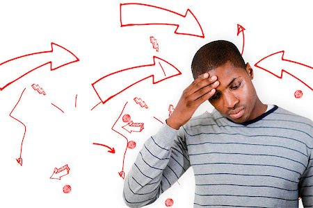 picture of man with arrow in head - Man with headache against arrows pointing to exclamation mark Stock Photo - Budget Royalty-Free & Subscription, Code: 400-07986274