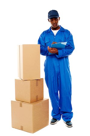 simsearch:400-04153946,k - Delivery boy at work. Kindly accept your goods. All on white background Photographie de stock - Aubaine LD & Abonnement, Code: 400-07987458