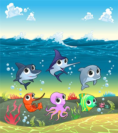 Funny marine animals on the ocean floor. Cartoon vector illustration Stock Photo - Budget Royalty-Free & Subscription, Code: 400-07988259