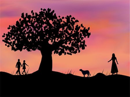 simsearch:400-07975760,k - A woman with a dog and a couple who is walking  at sunset. Fotografie stock - Microstock e Abbonamento, Codice: 400-07988293