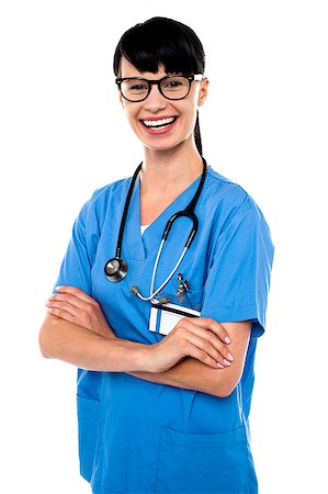 simsearch:400-08131186,k - Snap shot of a cheerful doctor with stethoscope around her neck, arms folded and isolated on white. Foto de stock - Royalty-Free Super Valor e Assinatura, Número: 400-07988739
